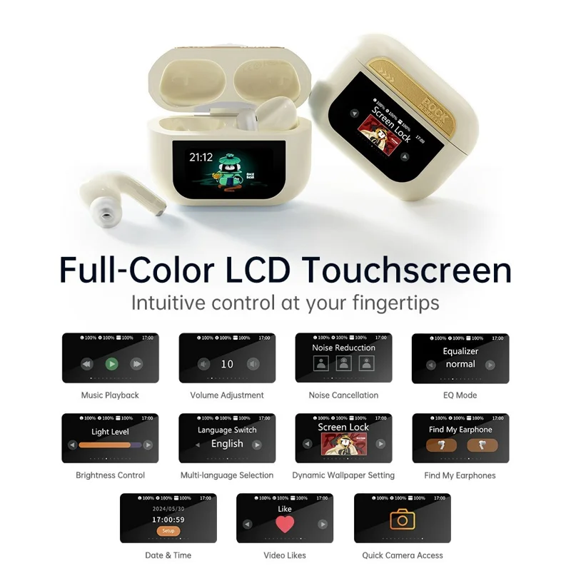 ROCK A5 Pro Bluetooth-compatible 6 ANC Earbuds LCD Touch Screen TWS Earphones - Beige