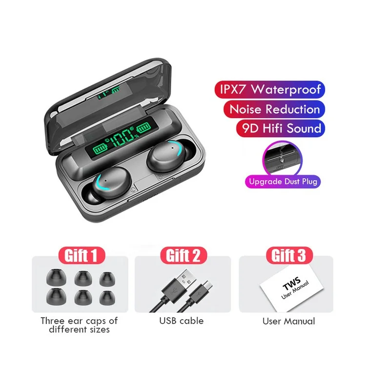 F9-5 Wireless Earphones TWS Bluetooth 5.0 Headphones IPX7 Waterproof Touch Control Earbus with LED Battery Display - Black