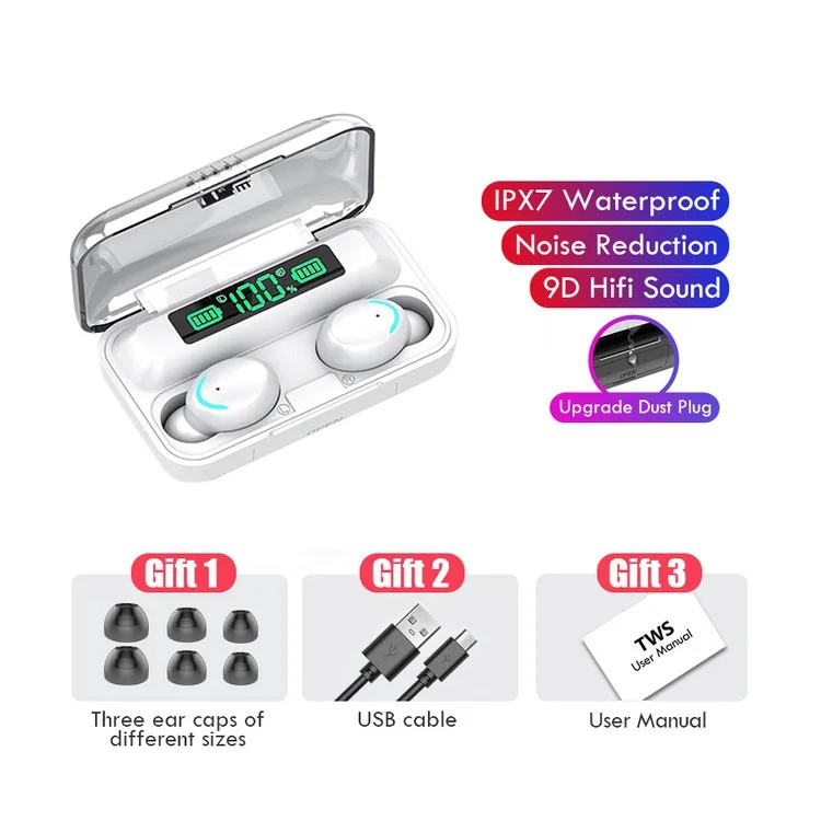 F9-5 Écouteurs sans fil TWS Bluetooth 5.0 Casque IPX7 Étanche Contrôle tactile Oreillettes avec affichage de la batterie LED - Blanc