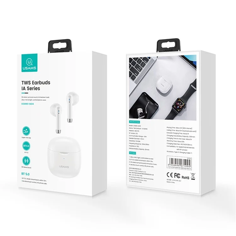 USAMS USAMS-IA04 Mini TWS Écouteurs sans fil Bluetooth Contrôle tactile 3D Stéréo Écouteurs - Noir