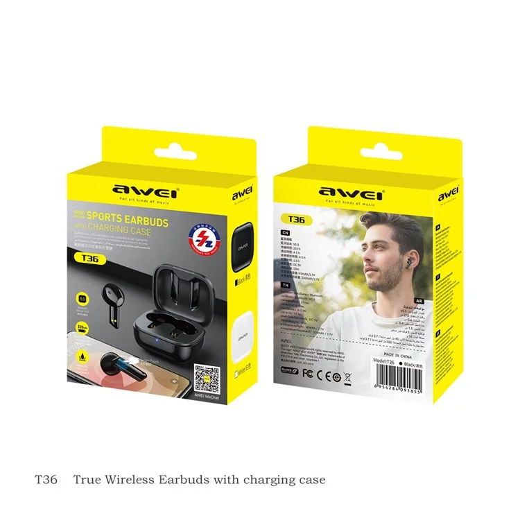 AWEI T36 TWS Bluetooth 5.0 Earphone Wireless Sport Waterproof Touch Stereo Headset with Mic - Black