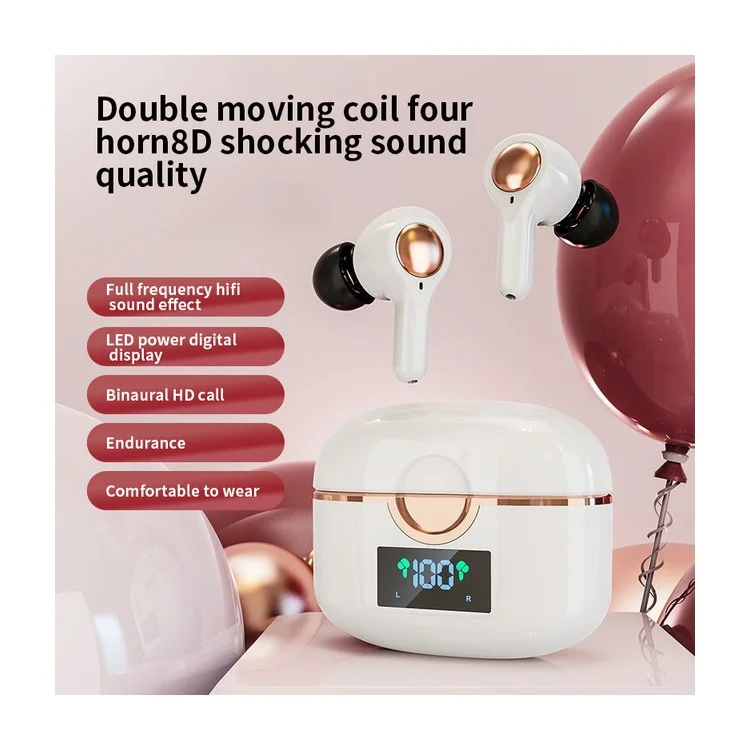 T22 TWS Dual Dynamic Drivers Wireless Noise Canceling Headset LED Power Display Bluetooth-compatible HiFi Earphone Earbuds - White