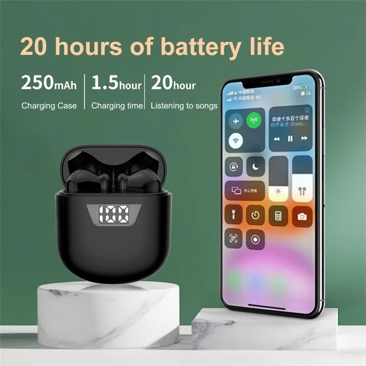 P66 TWS Bluetooth-compatible Wireless Earphones Earbuds Waterproof Sports Stereo Music Calling Headset with Digital Display Charging Case - Black