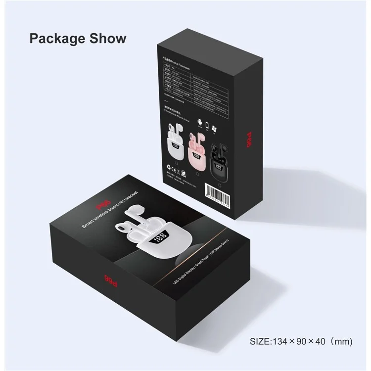 P66 TWS Bluetooth-compatible Wireless Earphones Earbuds Waterproof Sports Stereo Music Calling Headset with Digital Display Charging Case - Black