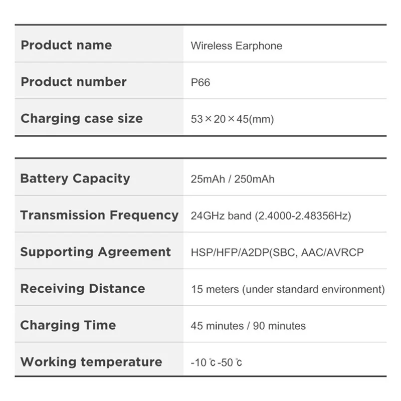 P66 TWS Bluetooth-compatible Wireless Earphones Earbuds Waterproof Sports Stereo Music Calling Headset with Digital Display Charging Case - White