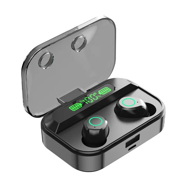 TG02 In-ear Headphone Bluetooth-compatible HIFI Sound Wireless Earphone with LED Charging Case - Black