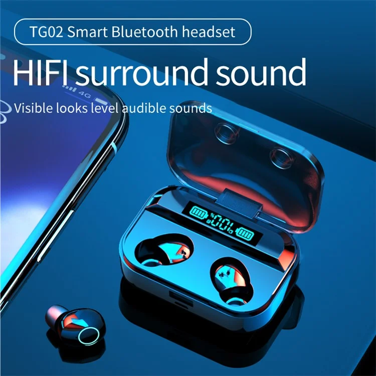 TG02 In-ear Headphone Bluetooth-compatible HIFI Sound Wireless Earphone with LED Charging Case - Black