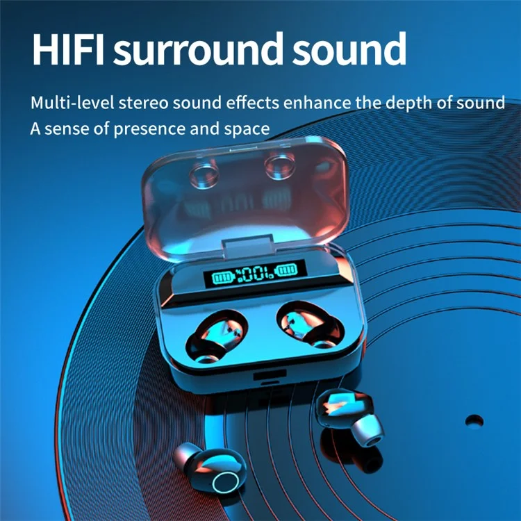 TG02 In-ear Headphone Bluetooth-compatible HIFI Sound Wireless Earphone with LED Charging Case - Black
