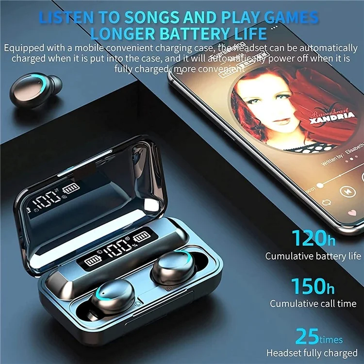 TWS-F95 Écouteurs sans fil Bluetooth TWS Casque IPX7 Étanche Écouteurs portables avec indicateur LED / Écran numérique Boîtier de charge