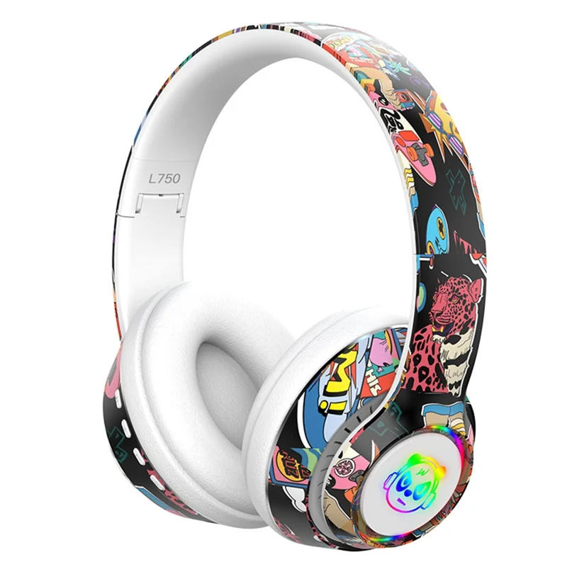 L750 Bluetooth-compatible Headset Cool Graffiti Headphone with LED Light Earphone Support TF Card/3.5mm Audio Wired for Mobile Phone Computer Laptop - White