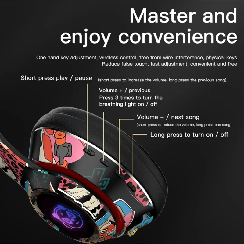 L750 Bluetooth-compatible Headset Cool Graffiti Headphone with LED Light Earphone Support TF Card/3.5mm Audio Wired for Mobile Phone Computer Laptop - White