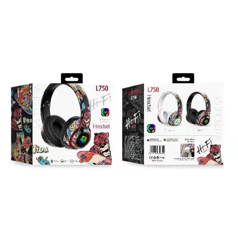 L750 Bluetooth-compatible Headset Cool Graffiti Headphone with LED Light Earphone Support TF Card/3.5mm Audio Wired for Mobile Phone Computer Laptop - White