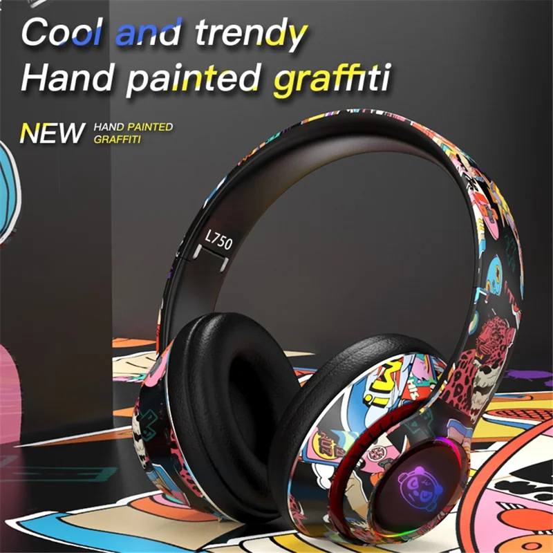 L750 Bluetooth-compatible Headset Cool Graffiti Headphone with LED Light Earphone Support TF Card/3.5mm Audio Wired for Mobile Phone Computer Laptop - White