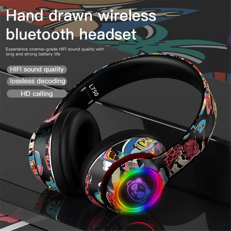 L750 Bluetooth-compatible Headset Cool Graffiti Headphone with LED Light Earphone Support TF Card/3.5mm Audio Wired for Mobile Phone Computer Laptop - White