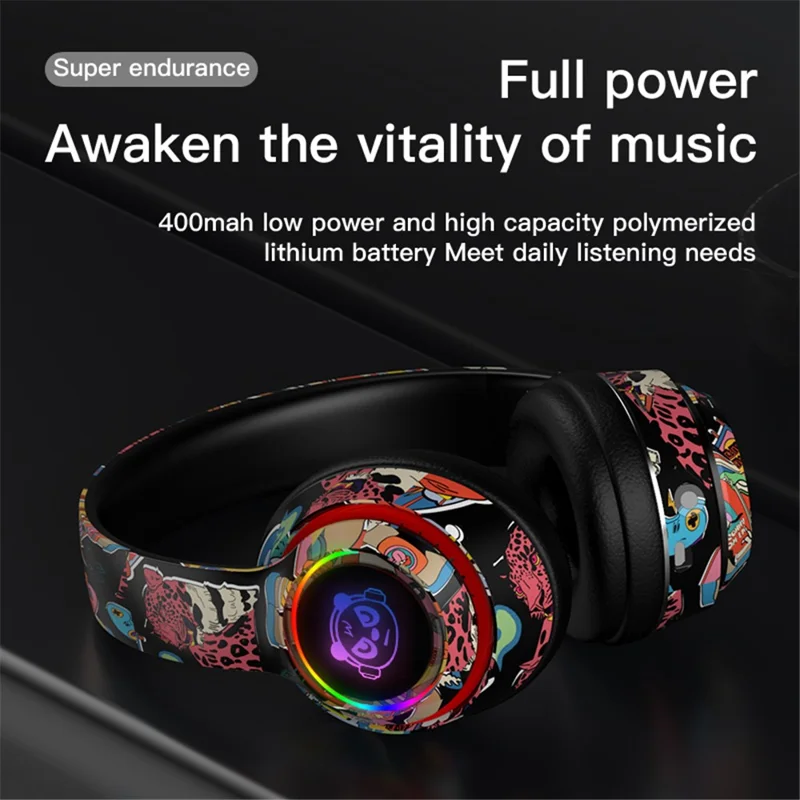 L750 Bluetooth-compatible Headset Cool Graffiti Headphone with LED Light Earphone Support TF Card/3.5mm Audio Wired for Mobile Phone Computer Laptop - White