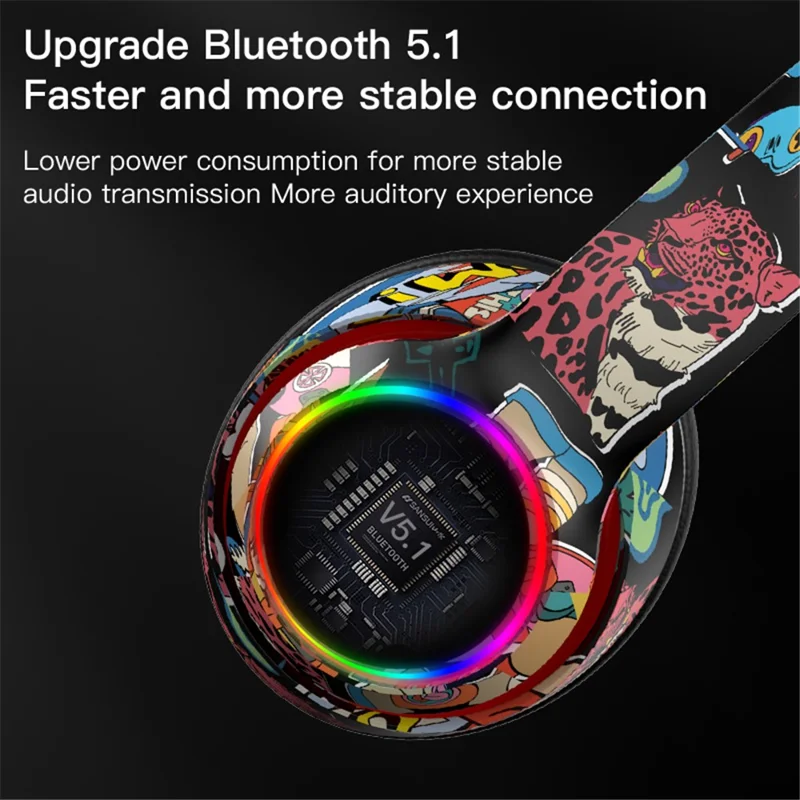 L750 Bluetooth-compatible Headset Cool Graffiti Headphone with LED Light Earphone Support TF Card/3.5mm Audio Wired for Mobile Phone Computer Laptop - White