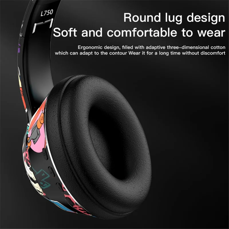 L750 Bluetooth-compatible Headset Cool Graffiti Headphone with LED Light Earphone Support TF Card/3.5mm Audio Wired for Mobile Phone Computer Laptop - White