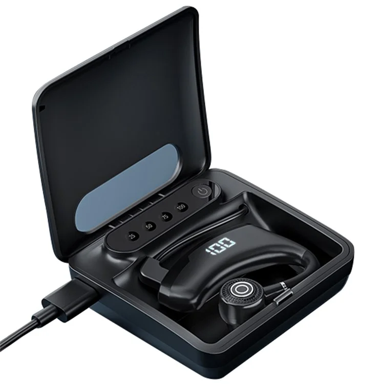 V9S Bluetooth-compatible Single-Ear (Monaural) Headset Business Style LED Display Wireless Headphone Earphone with Battery Charging Case - Black