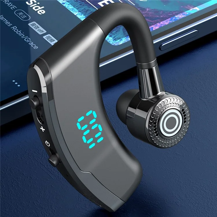 V9S Bluetooth-compatible Single-Ear (Monaural) Headset Business Style LED Display Wireless Headphone Earphone with Battery Charging Case - Black