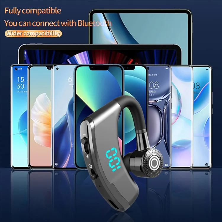 V9S Bluetooth-compatible Single-Ear (Monaural) Headset Business Style LED Display Wireless Headphone Earphone with Battery Charging Case - Black