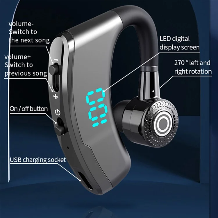 V9S Bluetooth-compatible Single-Ear (Monaural) Headset Business Style LED Display Wireless Headphone Earphone with Battery Charging Case - Black