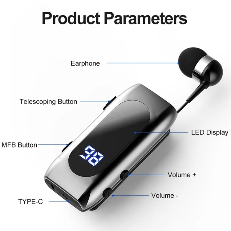 K55 Business Bluetooth Single-Ear Earphone Battery Display Clip-On Intelligent Noise Reduction Telescopic Headset Clipper - Silver