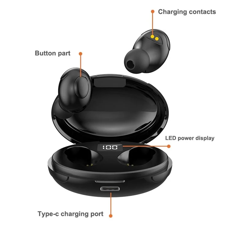 JUNSUNMAY JSM-T5 TWS Bluetooth-compatible 5.0 In-Ear Noise-Cancelling Headset Wireless Earphones Stereo Earbuds Waterproof Sports Headphones with Power Display Charging Box - Black