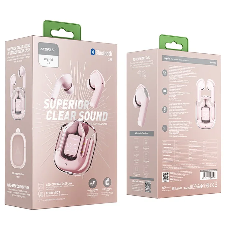 ACEFAST T6 TWS Auriculares Inalámbricos Bluetooth 5.2 Auriculares In-ear Estéreo Música Llamada Auriculares con Estuche de Carga Translúcido - Rosa