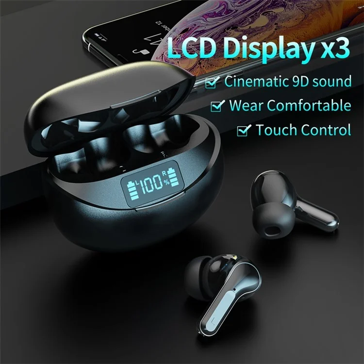 I17 TWS Earbuds In-Ear Sports Bluetooth-compatible Headset IPX5 Water Resistant Headphones with Digital Display - Black