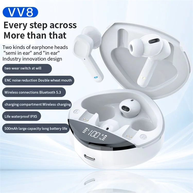 VV8 TWS Bluetooth 5.3 Wireless Earphone Stereo Sound Noise Reduction Low Delay Sports Headset with Charging Case - Schwarz