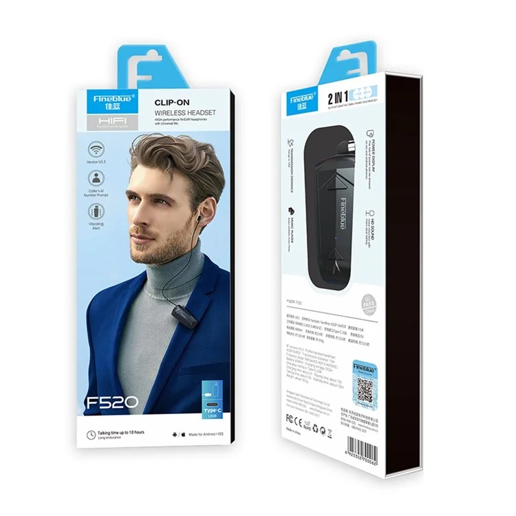 Fineblue F520 Lavalier Business Bluetooth Headset de Retração de Uma Tecla Anti-lost Clip-on HD Chamada Ear Supleir - Preto