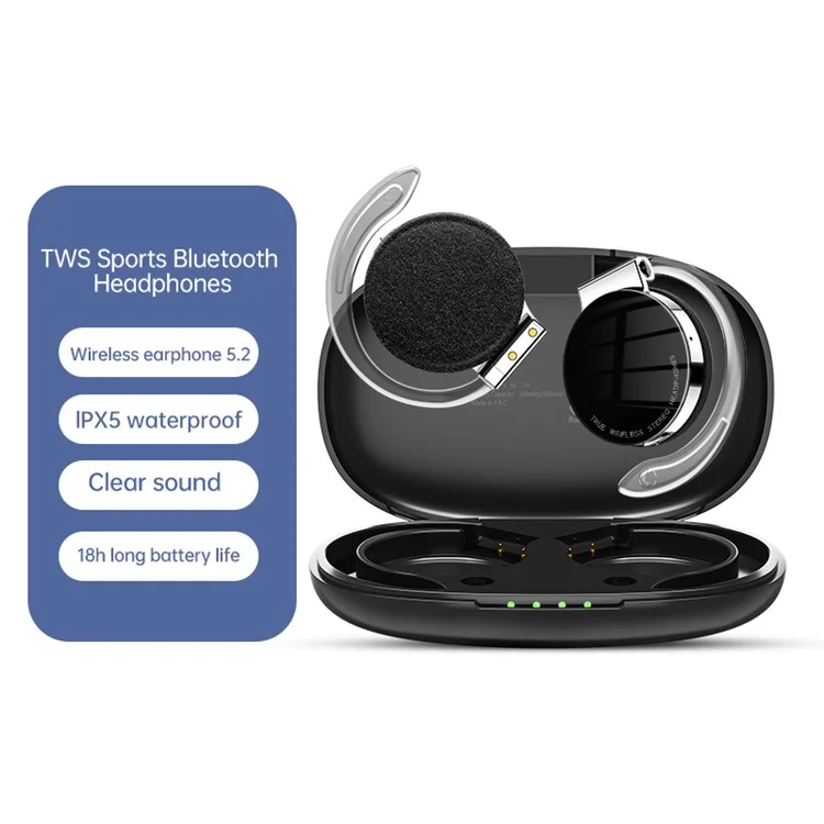 TWS-F2 Wireless Bluetooth-compatible 5.2 Wireless Earphone Stereo Sound Noise Reduction Low Delay Sports Running Headset with Charging Case - Black