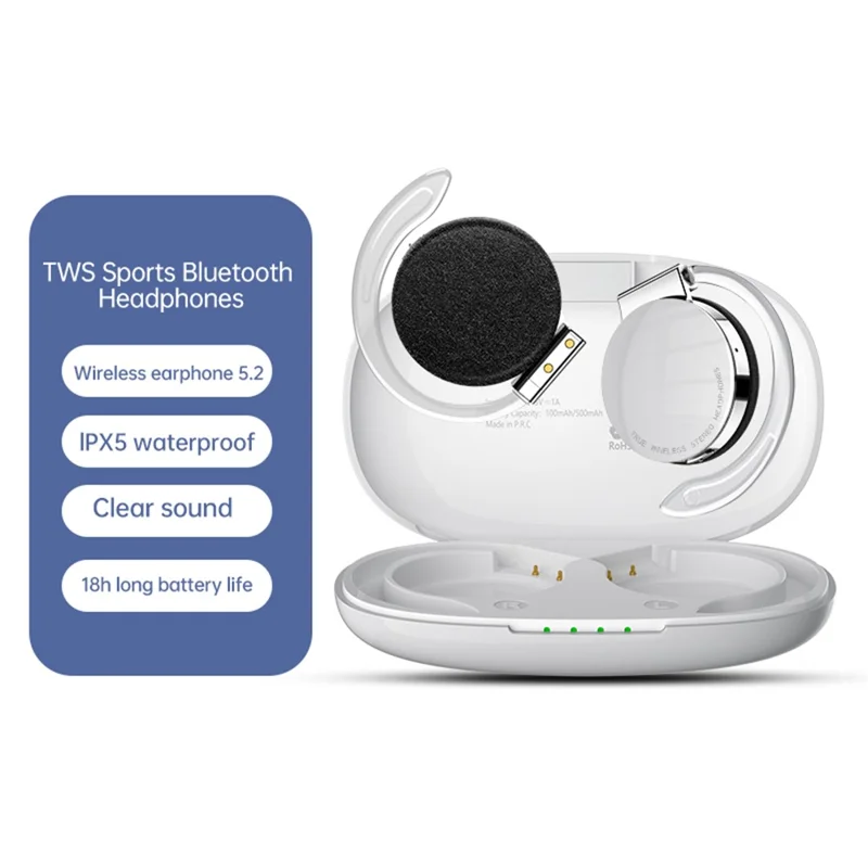 TWS-F2 Wireless Bluetooth-compatible 5.2 Wireless Earphone Stereo Sound Noise Reduction Low Delay Sports Running Headset with Charging Case - White