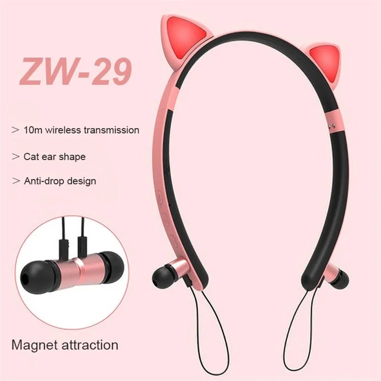 Kid's In-ear Wireless Bluetooth Earphones Cute Magnetic Earbuds Children Neckband Headsets - Pink