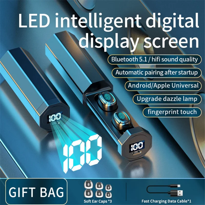 C1 trådløse Bluetooth-ørerør vandtætte sportsheadset med touch-betjening og LED digital display - Blå