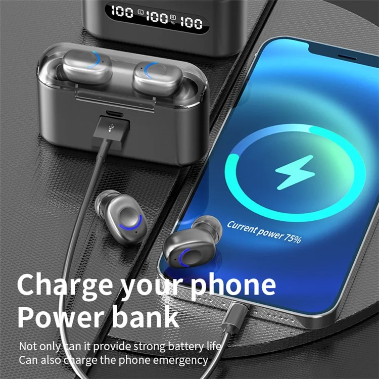 TWS-Q8 Wireless Bluetooth-compatible Earbuds Sports Headphone Touch Control IPX5 Waterproof Headset with LED Digital Display / Power Bank Function