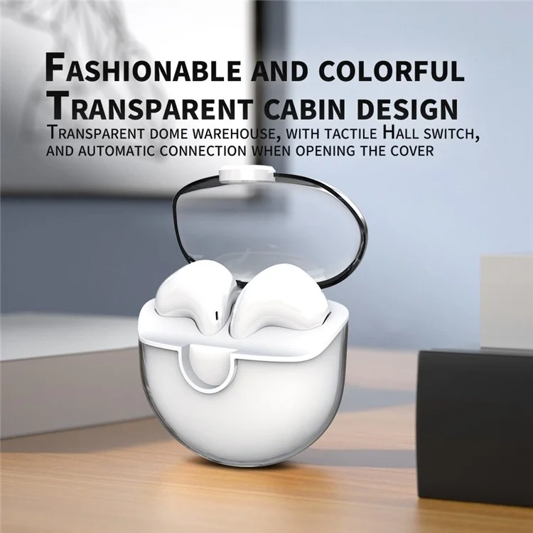 M6 Mini Fones de Ouvido Bluetooth Transparentes HiFi Sound Headphones Touch Control TWS Earphones - Branco