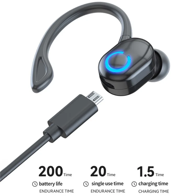 W6 Ear Hook Headset Waterproof TWS Wireless Bluetooth-compatible Sports Earphone with Charging Cable - White