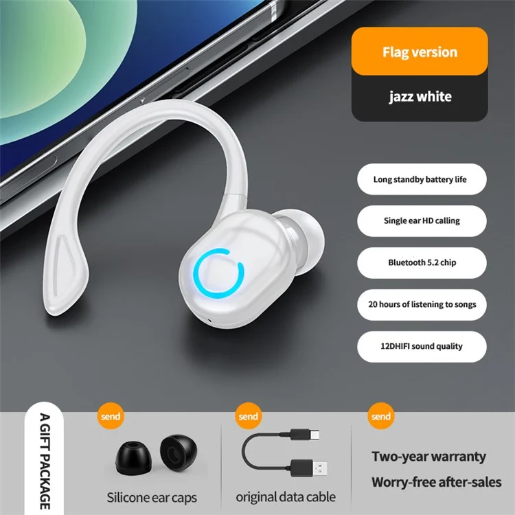 W6 Ear Hook Headset Waterproof TWS Wireless Bluetooth-compatible Sports Earphone with Charging Cable - White