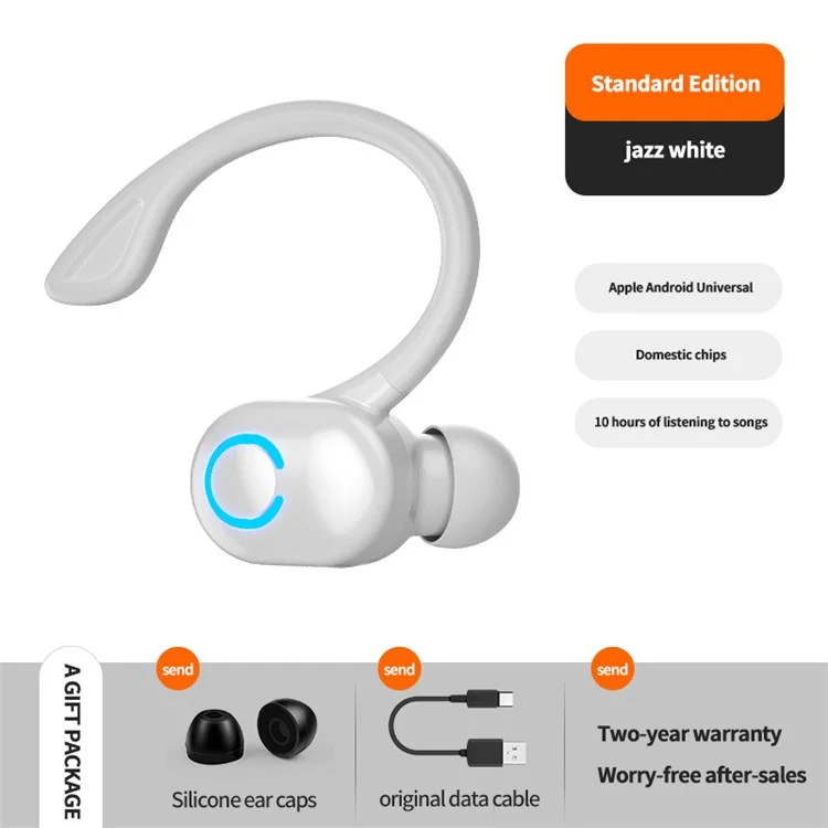 W6 Ear Hook Headset Waterproof TWS Wireless Bluetooth-compatible Sports Earphone with Charging Cable - White