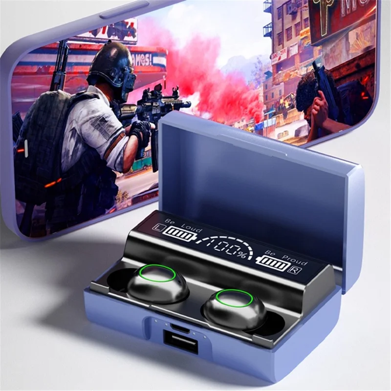 XG01 TWS Wireless Bluetooth-compatible Earphone Noise Reduction LED Light In-ear Headphone Earbud Headset with Digital Screen Charging Case - Purple