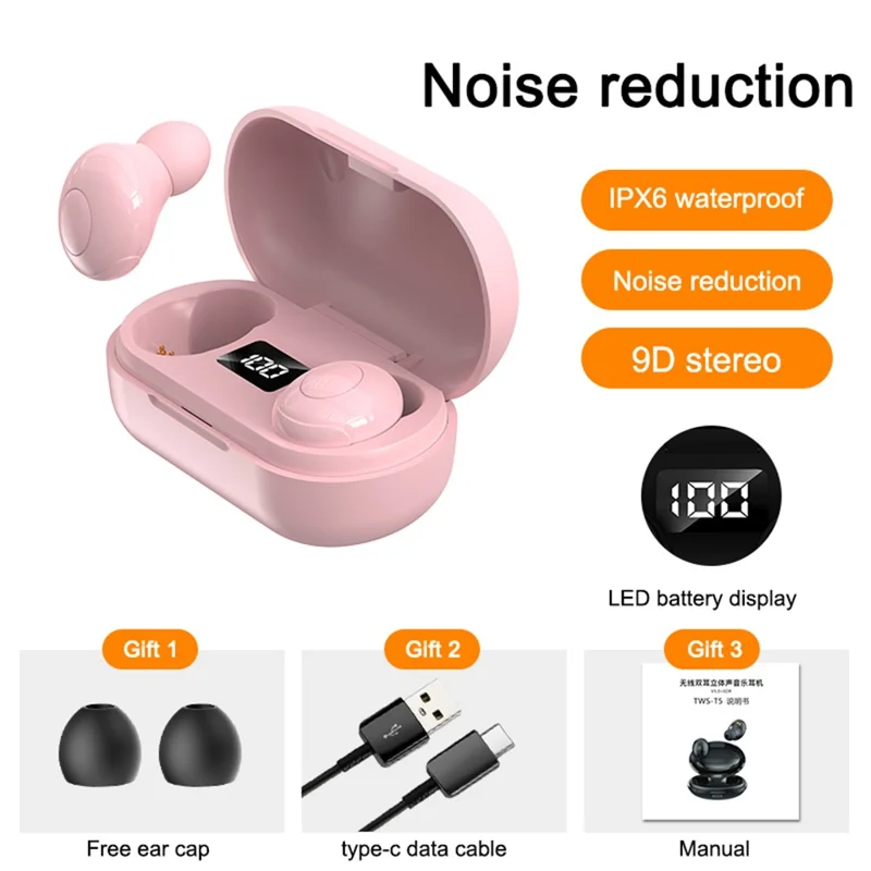 T8 Wireless Bluetooth-compatible Headset with Charging Case LED Digital Display Sports Earbuds - Pink