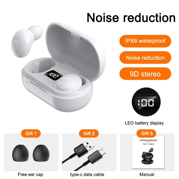 T8 Wireless Bluetooth-compatible Headset with Charging Case LED Digital Display Sports Earbuds - White