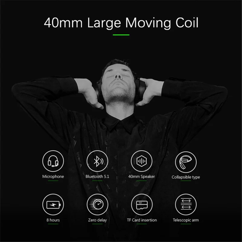 L800 Wireless Headset Music Gaming Headset Folding Bluetooth-compatible Headphone with LED Lights / Microphone - Green