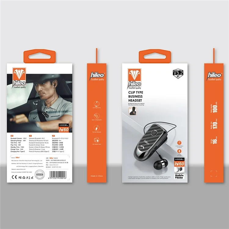 Hileo Hi60 Clip-on Style Bluetooth Headset Single Ear Wireless Headphone Stretchable Business Ecoutphone For Driving - Bleu