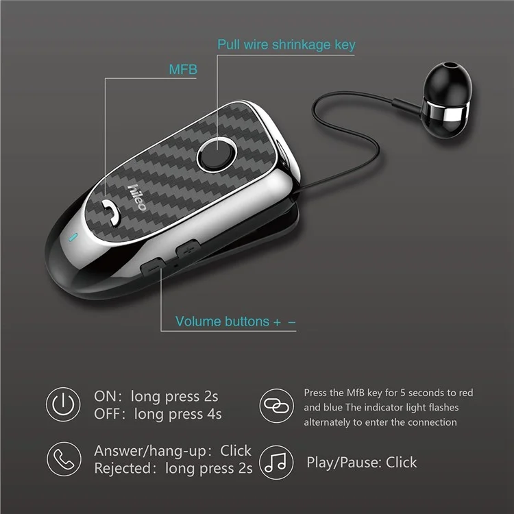 Hileo Hi60 Clip-on Style Bluetooth Headset Single Ear Wireless Headphone Stretchable Business Ecoutphone For Driving - Bleu