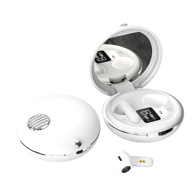 HXSJ S28 Wireless Headset for Girls TWS Earbuds with Make-up Mirror, LED Display, Bluetooth-compatible V5.3 Earphones for Travel Workout Running - White