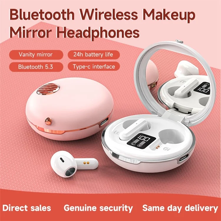 HXSJ S28 Wireless Headset for Girls TWS Earbuds with Make-up Mirror, LED Display, Bluetooth-compatible V5.3 Earphones for Travel Workout Running - White
