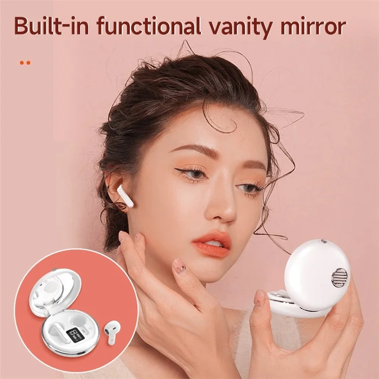 HXSJ S28 Wireless Headset for Girls TWS Earbuds with Make-up Mirror, LED Display, Bluetooth-compatible V5.3 Earphones for Travel Workout Running - White
