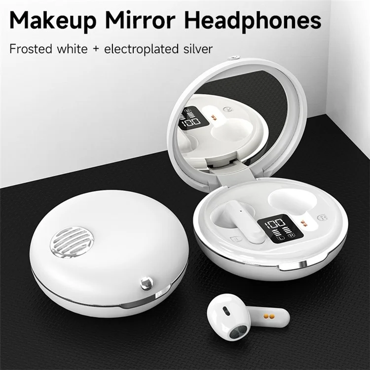 HXSJ S28 Wireless Headset for Girls TWS Earbuds with Make-up Mirror, LED Display, Bluetooth-compatible V5.3 Earphones for Travel Workout Running - White